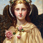 Golden headdress angel with large wings holding pink rose