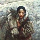 Young girl embraces brown horse in barren landscape