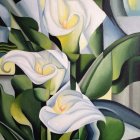 Close-up White Calla Lilies Painting with Yellow Stamens and Green Foliage