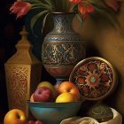 Classic blue vase, golden lantern, fruit bowl in opulent still life.