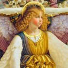 Golden-haired angel with white wings and halo in yellow robe