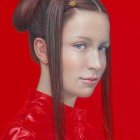 Portrait of woman with bun hairstyle in red attire against red background