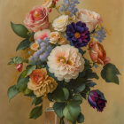 Vibrant bouquet painting with roses, peonies, and lavender in golden vase