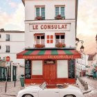 Vintage European Street Scene with Classic Cars and Boutique Store in Soft Pastel Colors