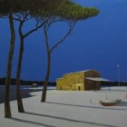 Tranquil Tuscan farmhouse painting at twilight