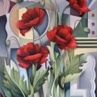 Vivid Red Poppies Painting with Architectural Elements