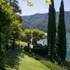 Tranquil lake view from lush hillside with cypress trees & colorful foliage