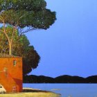 Colorful Coastal Painting with Solitary House, Blue Sky, Tree, Shallow Waters, and Birds