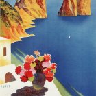 Vintage Travel Poster: Coastal View with Steep Cliffs, Blue Sea, Boats, and Red