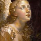 Curly-Haired Angel with White Wings in Cream Garment Against Dark Background