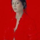 Portrait of woman with dark updo hair in red blouse against red background