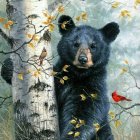 Bear Watercolor Painting Among Birch Trees and Foliage