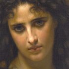 Detailed close-up of woman with curly hair in oil painting