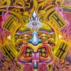 Vibrant mural of mask-like figure with mythical symbolism