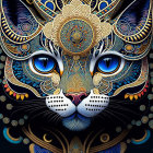 Stylized cat digital art with gold and blue patterns