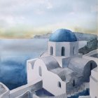 Serene coastal watercolor with white building, blue dome, ships, lighthouse, and cloudy sky