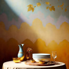 Autumn-themed still-life with bowl, jug, cup, glass, golden leaves, and warm light