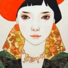 Young person with red hat and expressive gaze, surrounded by greenery and floral garment.