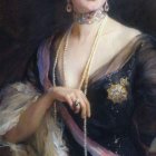 Regal woman portrait with crown, pearl necklace, and brooch