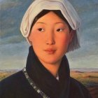 East Asian Woman in White Headscarf and Black Garment Serene Portrait