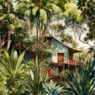 Tropical scene with stilted house in lush greenery