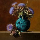 Purple Thistle Flowers in Turquoise Vase on Brown Background