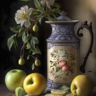 Detailed Still Life Painting with Floral Jug, Fruit, and Hydrangea Bouquet