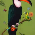 Vibrant toucan illustration on branch with colorful foliage