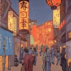 Traditional Japanese Street Scene at Dusk with Lanterns and Kimono-clad People