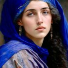 Woman in Blue Headscarf and Robe with Gold Accessories