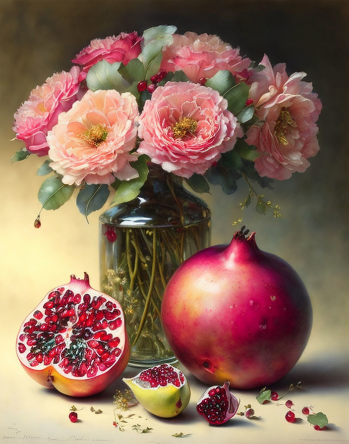 Pink peonies bouquet with pomegranates and apple slices in glass vase