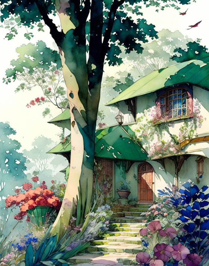 Colorful Watercolor Illustration of Cozy Treehouse in Nature