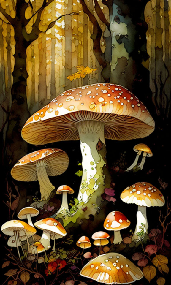 Detailed Forest Scene with Oversized Mushrooms and Golden Trees