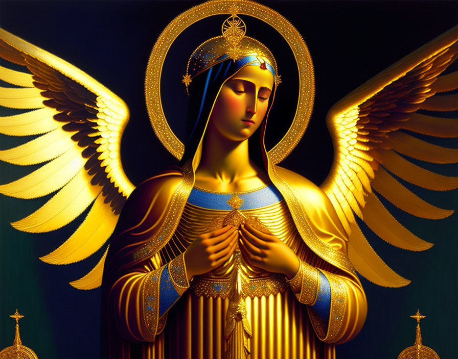 Golden-hued angelic figure with halo and wings on dark background