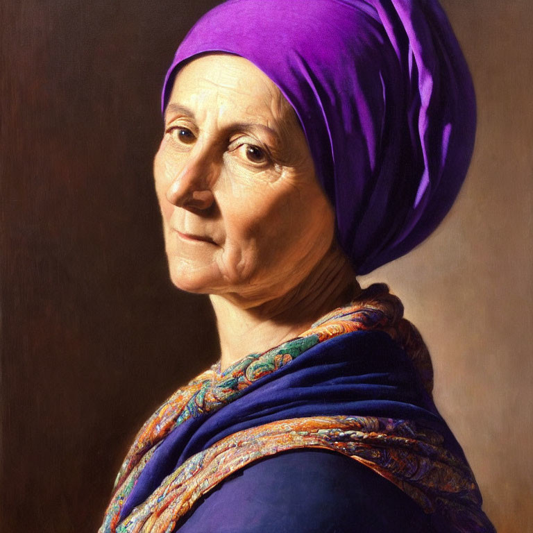 Elderly woman in purple headscarf and shawl, classical portrait style