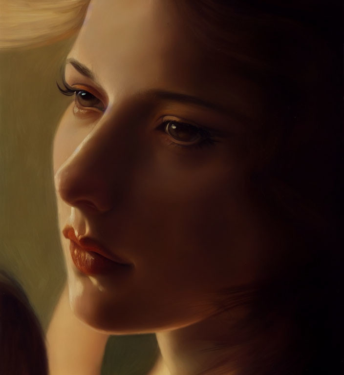 Digital painting of contemplative woman with warm tones & detailed facial features