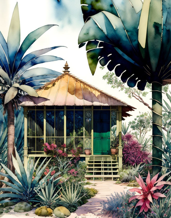 Tropical garden with thatched-roof hut amid lush foliage