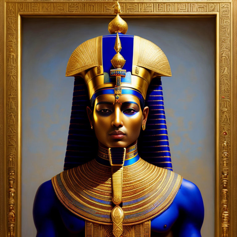 Egyptian Pharaoh in Nemes Headdress and Royalty Symbols on Golden Background