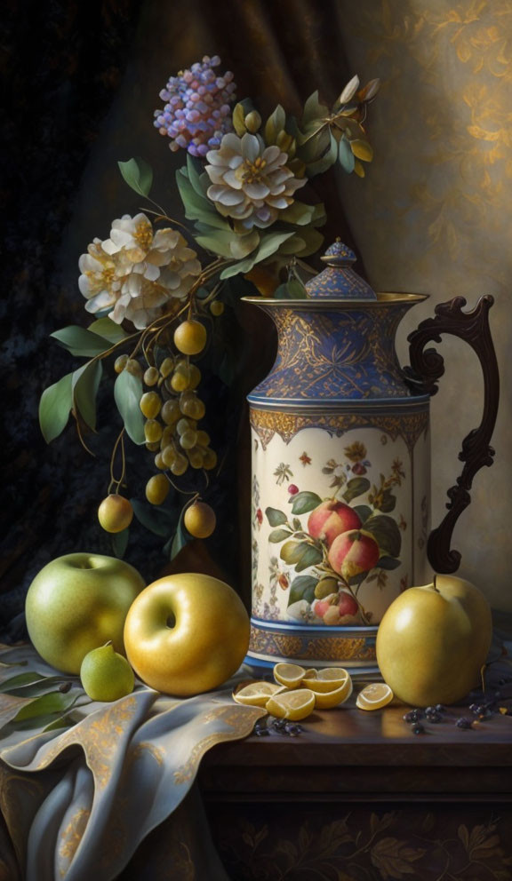 Detailed Still Life Painting with Floral Jug, Fruit, and Hydrangea Bouquet