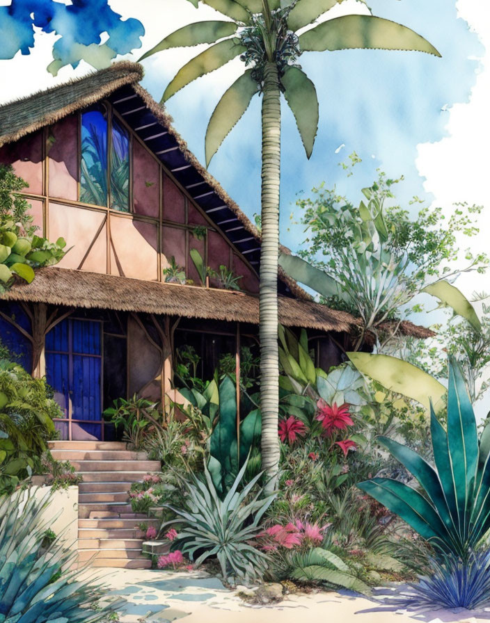 Tropical hut with thatched roof in lush vegetation and palm tree.