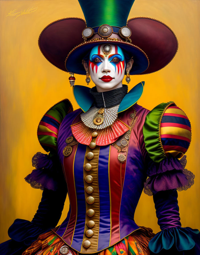 Elaborate, Colorful Costume with Wide-Brimmed Hat and Painted Face