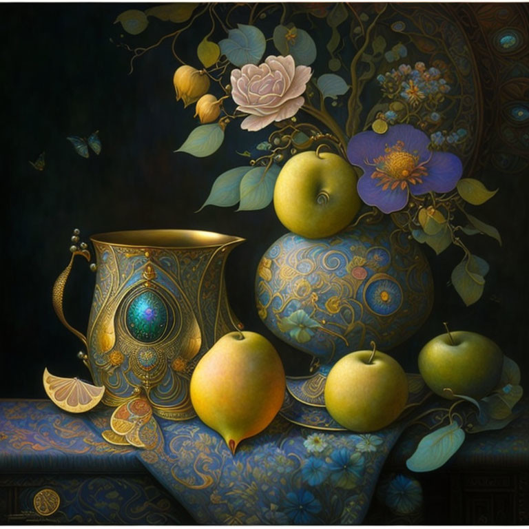 Decorative jug, ripe fruit, and floral patterns on dark background