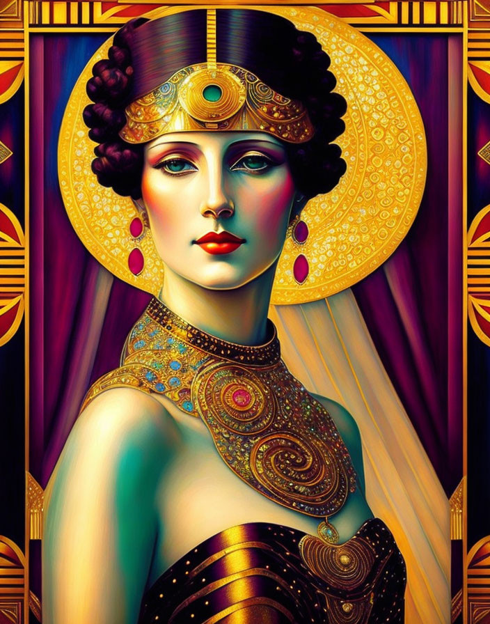 Woman depicted in art-deco style with gold headdress and jewelry, vibrant colors.