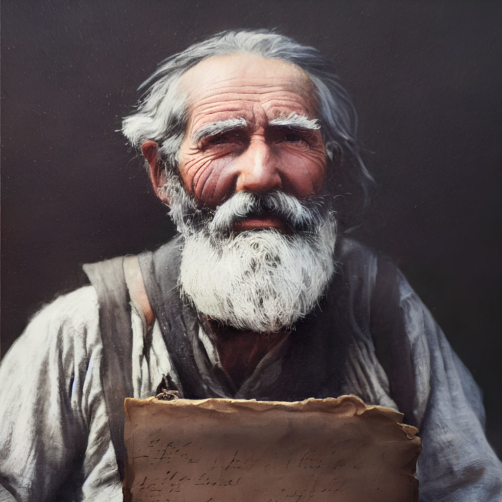 Elderly man with long white beard and expressive eyes holding a piece of paper