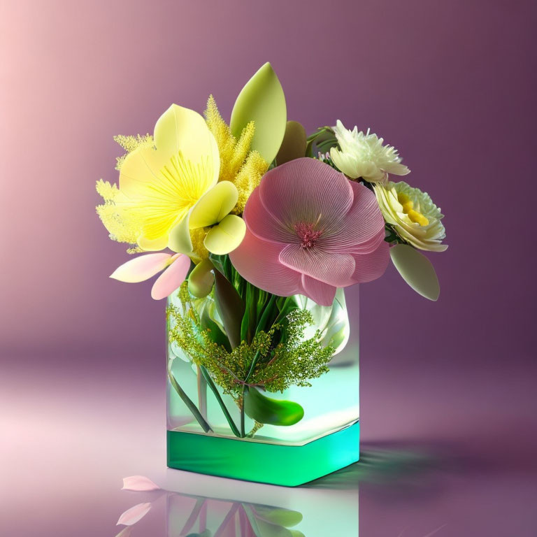 Assorted Flowers Bouquet in Green Glass Vase on Purple Background