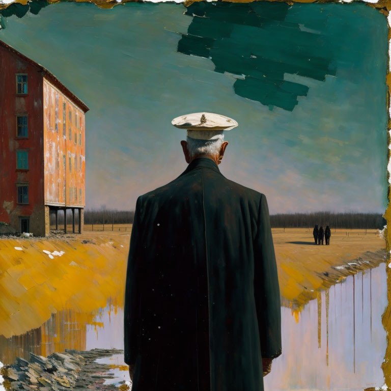 Man in Black Coat and White Hat Observing Building, Water Body, and Figures in Painting