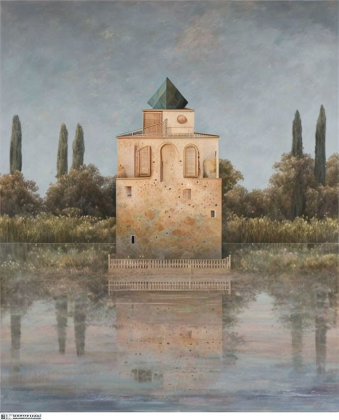 Surreal painting of multi-style building with trees and water.