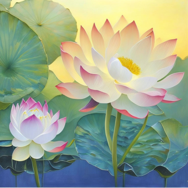 Colorful painting of blooming lotus flowers on gradient background