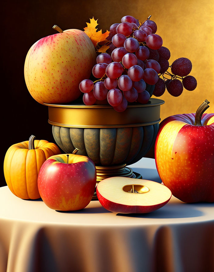 Still life with grapes, apples, and pumpkins on draped table