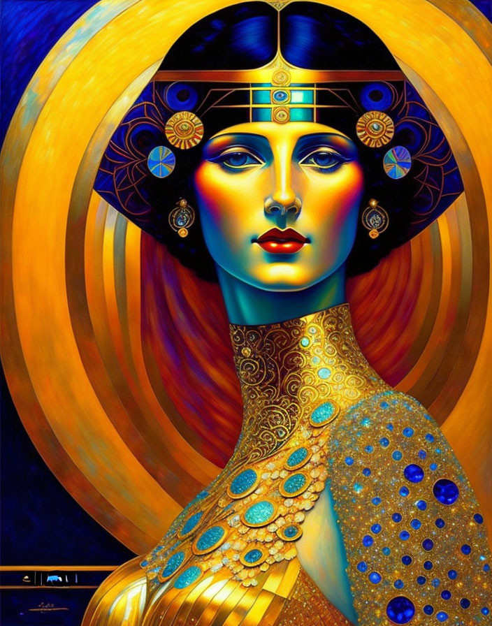 Stylized woman with ornate headdress and jewelry in vibrant artwork